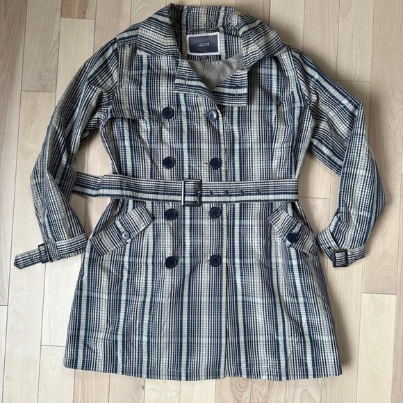 Vintage Jacob Plaid Trench Coat – Navy Check Belted Jacket Size M - Picture 2 of 8